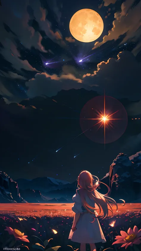 Vast landscape photo, (viewed from below, the sky is above and the open field is below), a girl standing on a flower field looking up, (full moon: 1.2), (meteor: 0.9), (nebula: 1.3), distant mountains , Trees BREAK Crafting Art, (Warm Light: 1.2), (Firefli...