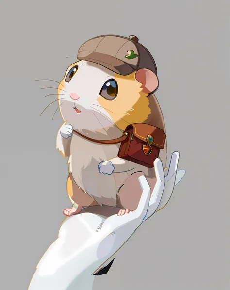 Um hamster bonito，The hamster sits on his hand，Hamsters have big eyes，The hamster wears a hat on its head，Hamster hair is a mixture of yellow and white，Hamster carrying a postmans bag，High-quality image quality，high detal，Two-dimensional painting style，