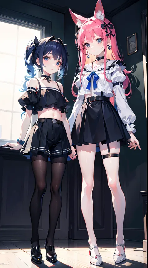 ,twins, Masterpiece,Best quality,offcial art,Extremely detailed Cg Unity 8K wallpaper, 2girls, cute female child, Yuri, hair adornments, Short shorts, Crop top, Pantyhose, ribbon_choker necklace, leg belt,