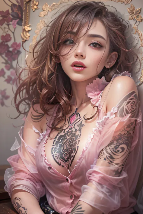 (Glamorous atmosphere)、​masterpiece、独奏、A highly detailed、Ultra-detailed、超A high resolution、Photorealsitic、((Blouse made of transparent light fabric、pale pink shirt with wide open chest,,、Tattoo from neck to shoulder　Tattoo in the center of the chest　Bold t...