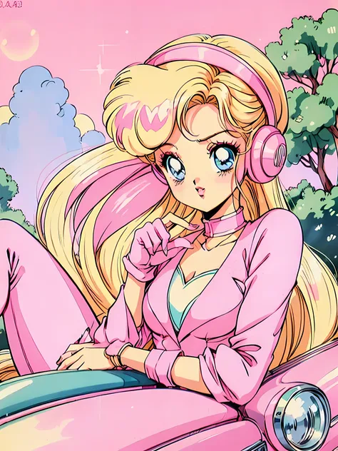 (blonde barbie:1.2),(pink outfits:1.1),(vintage 90's:1.1),(romance anime style:1.3), sitting in pink convertible sports car, lon...