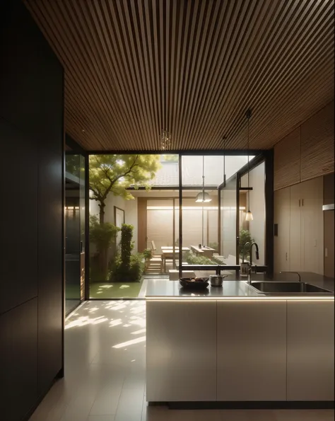 (best quality: 1.2), (masterpiece: 1.2), (realistic: 1.2), soft volumetric lights, (backlight:1.3), (cinematic:1.2), intricate details. kitchen interior  design by kengo kuma + wes anderson