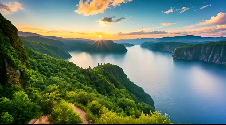 Masterpiece, ultimate quality, Cg unity 8k wallpaper, super delicate, beautiful sky and clouds, rich natural scenery, cliffs, lakes and rivers, waterfalls and flying water, beautiful green mountains, no trace of people, excellent scenery, has already won a...