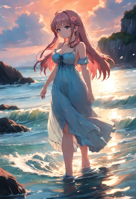 Masterpiece, 1girl, solo, flower_pasties, (), sun dress, seaside, outside, long hair, water, cowboy shooting, standing, from the side, big breast, pink