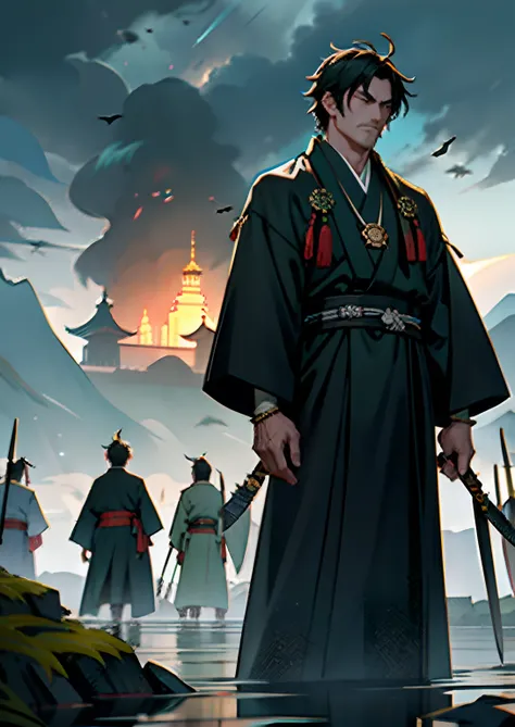 dark stormy clouds，In front of the Royal Palace，Wearing a jade pendant，clad in robes，Ancient Chinese men hold bronze swords，back，Surrounded by many samurai with spears