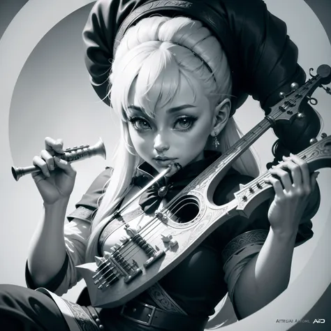 (Ariana)"mike faille style black and white illustration of a fantasy gnome Bard playing a flute , 4 k wallpaper, highly detailed exquisite art, epic light novel art cover, dnd dungeonsanddragons character, WHITE BACKGROUND"