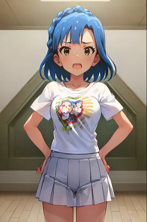 yuriko nanao (million live). Short stature. (((white t-shirts))).(((Skirt))).(((masterpiece))).(((best quality))).((Ultra-detailed))).(((illustratio))). (((put hands on the hip))).(((a room))).(((make a fist))).(((up chest))).Despair face.(((short-hair)))....