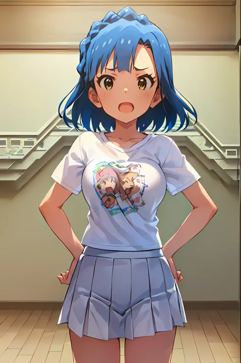 yuriko nanao (million live). Short stature. (((white t-shirts))).(((Skirt))).(((masterpiece))).(((best quality))).((Ultra-detailed))).(((illustratio))). (((put hands on the hip))).(((a room))).(((make a fist))).(((up chest))).Despair face.(((short-hair)))....