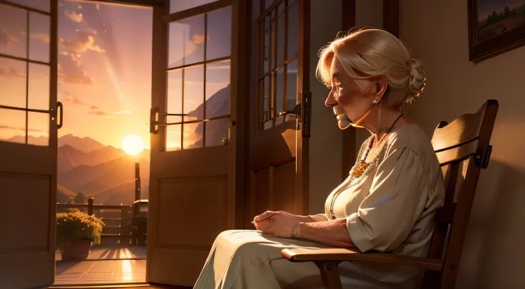 /imagine prompt: An elderly grandmother sitting on a small stool in front of the door, the setting sun casting a gentle glow on her face, radiating tranquility and kindness. The distant mountains and fields bathed in the glow of the sunset, glowing with a ...