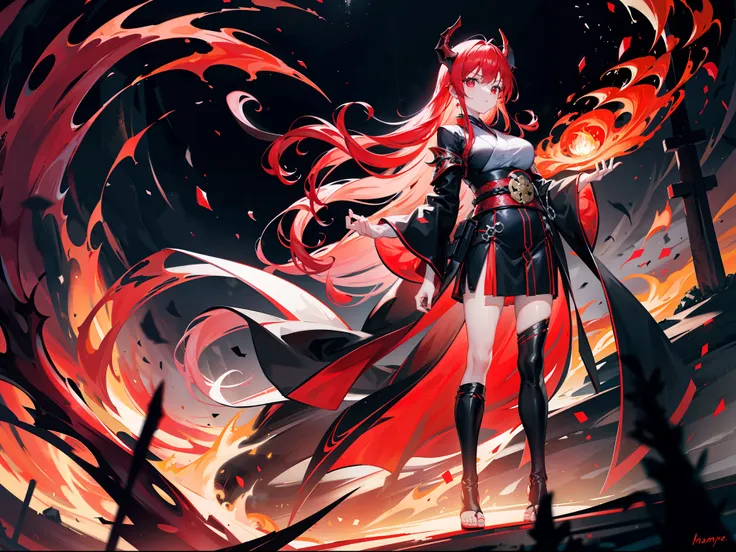 Red-haired beautiful girl，Wearing a black kimono，Red and black belt，Red and black cloak，He wears extremely large flaming black demon horns，The hem of the kimono skirt drops to the floor，Holding a huge flame in his hand，Surrounded by fire，The expression is ...