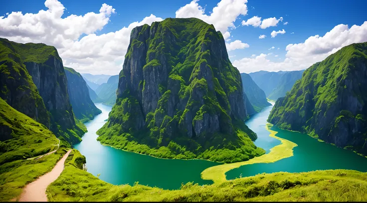 Masterpiece, ultimate quality, Cg unity 8k wallpaper, super delicate, beautiful sky and clouds, rich natural scenery, cliffs, lakes and rivers, waterfalls and flying water, beautiful green mountains, no trace of people, excellent scenery, has already won a...