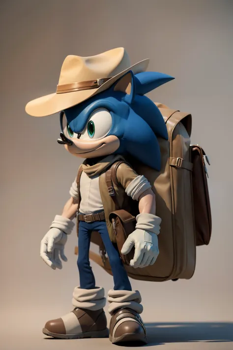 blue sonic dressed as an archeologist, with beige clothes, archeologist hat, backpack, grey background, 8k