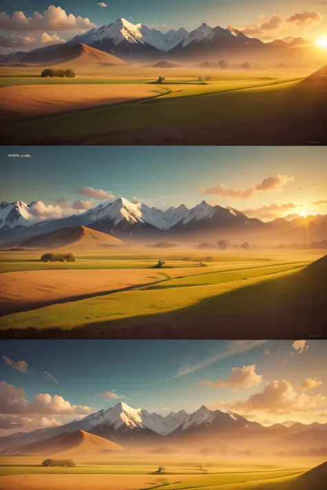 Help me design a scene in the Xinjiang prairie｜Natural tone｜Broad perspective｜Green meadows｜With mountains｜Clear blue sky｜There are some animals in the steppe｜A golden glow in the setting sun｜The wind is blowing｜Natural ecology