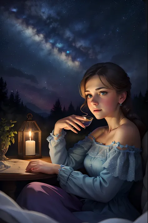 ((Best Quality, tmasterpiece)), young Alenka, Under the starry sky, Russian paraphernalia, off-shoulder, very colorful, Best Improvisation, ((Стиль Mikko Lagerstedt)), sensitivity,  Detailed Illustration, grotesque,  Complicated details, chilling, (aesthet...