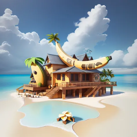 There is a house on the beach，There are banana and coconut trees, stylised, stylised , There are bananas on the roof, Stylized digital illustration, Rolands Zilvinskis 3D rendering art, 3 D 插图, 3D illustration, rendered illustration, in style of 3d render,...