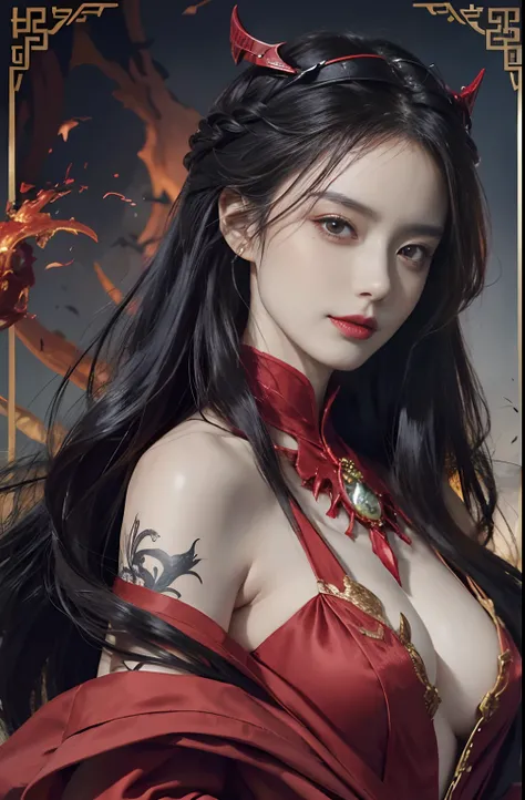 1 beautiful and seductive female devil, In the Dark: 1.6), surreal female portraits by David Hockney and Alphonse Mucha, Fantasy Art, Korean Doll, Photorealism, Dynamic lighting, art  stations, poster for, Volumetric lighting, extra detailed face, 8k ultra...