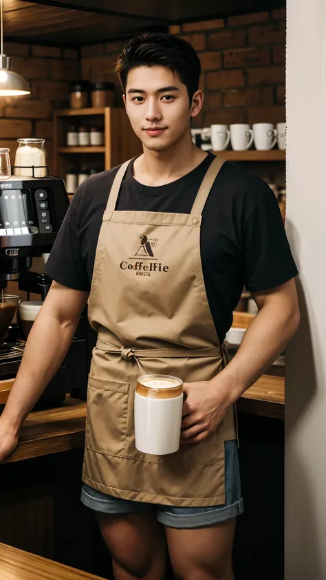 1人，a 20-year-old man in a café，barista，coffee is being made，facial hair，brown apron，leg apart，whitet-shirt，grey shorts，slender f...