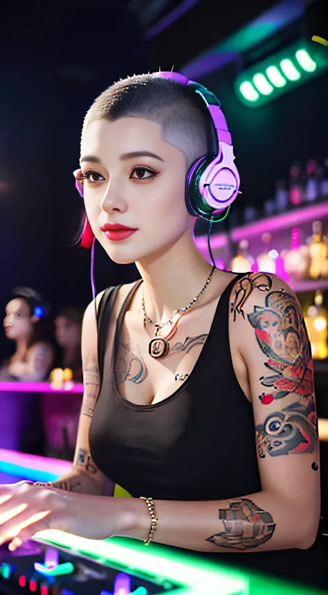 Best quality, Masterpiece, Ultra High resolution, native photo, Professional, photography, color photography, 1 girl, disco bar, girl with headphones, Djing in bar, upper body, female DJ, Looking at the crowd, DJ, DJ machine, DJ machine, Stage lights, (buz...