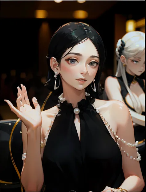 one-girl，ssmile，eyes with brightness，Coiled black hair，With pearl earrings，wearing a black dress，Wear a white pearl necklace，Front half，8K-niji 5