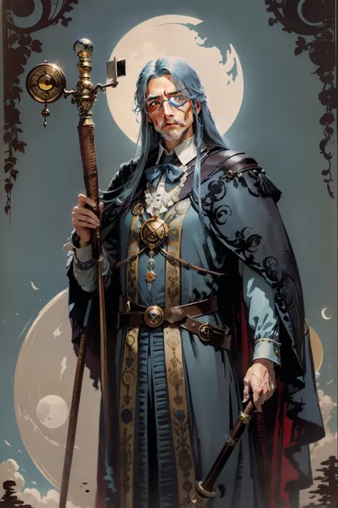 An adult male，blue long hair，monocle，blue color eyes，There is a tear mole under the corner of the eye in the left eye，Wearing a Western-style robe，holding a staff，looked at the moon