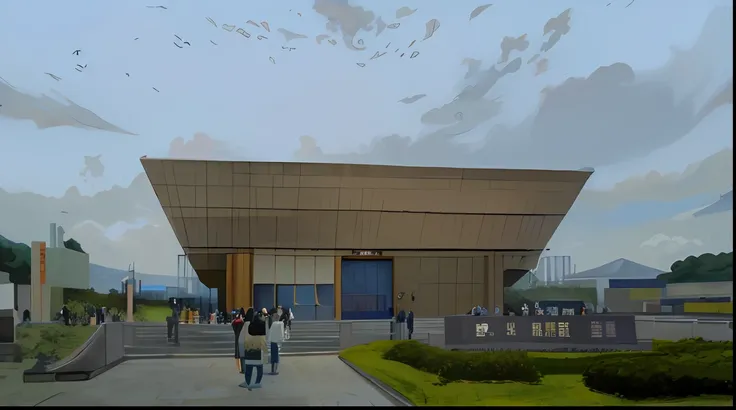 At the entrance of the museum，A lot of people lined up，Blue sky，White clouds，The overall painting style is Miyazakis style，Cartoon anime illustration