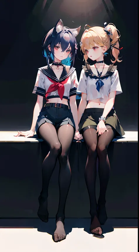 ,twins, Masterpiece,Best quality,offcial art,Extremely detailed Cg Unity 8K wallpaper, 2girls, cute female child, Yuri, hair adornments, Short shorts, Crop top, Pantyhose, ribbon_choker necklace, leg belt,