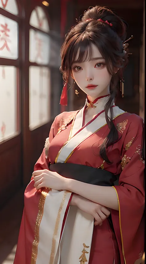 best qualtiy， tmasterpiece， A high resolution， 1girll， Chinese Hanfu，Chinese architect background， Red scarf， hair adornments， choker necklace， jewely， beautiful  face， after sexing_Body， Tyndall effect， realisticlying， Dark Studio， edge lit， twotonelighti...