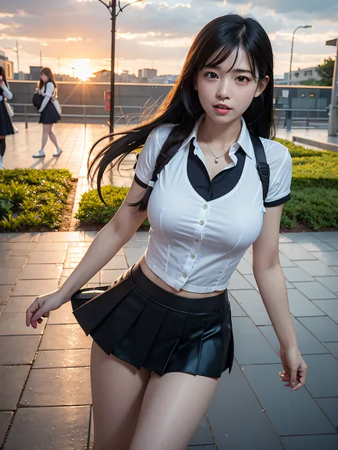 top-quality、8K、ultra-detailliert, There is a woman in a short skirt posing in the rain, a hyperrealistic schoolgirl, Tifa Lockhart, a hyperrealistic schoolgirl, seductive tifa lockhart portrait, Hot with shining sun, artwork in the style of guweiz, just af...