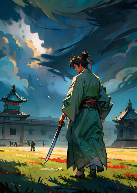 dark stormy clouds，In front of the royal palace，Wearing a jade pendant，clad in robes，Ancient Chinese man holding a bronze sword，Back，Surrounded by many samurai with spears