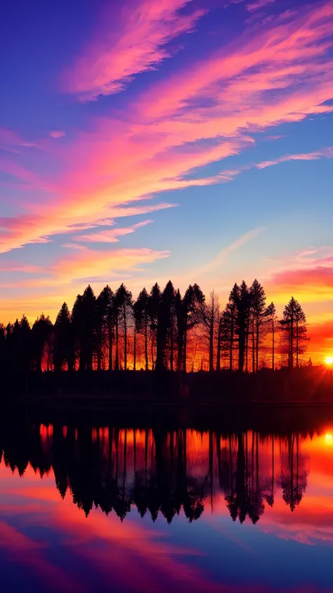 there is a beautiful sunset with a lake and trees in the background, colorful skies, surreal colors, colorful sunset, colorful sky, marvellous reflection of the sky, stunning sky, dream like atmosphere 8k, colorful clouds, colors reflecting on lake, surrea...