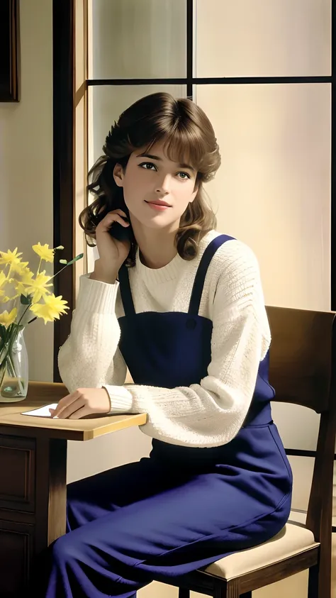 Beautiful and elegant French girl,Twenty-two years old, Actress Sophie Marceau，（This face looks like Sophie Marceau），Short golden-brown hair，A shallow smile,（Blue affectionate eyes）,（Very detailed and perfect facial depiction），Sit in the antique study，Side...