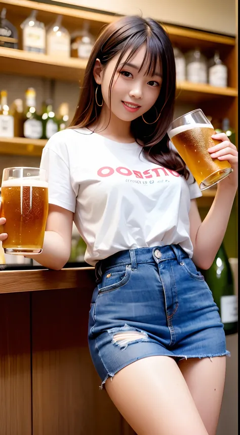 a very pretty girl,Young Face, huge smile, 10 yo,Brown hair, White T-shirt,Denim skirt,extended downblouse,
a bar counter,Holding a beer mug,Holding beer with both hands,
独奏,1girl in,nsfw
BREAK
(masutepiece, Best Quality,Ultra-detailed)