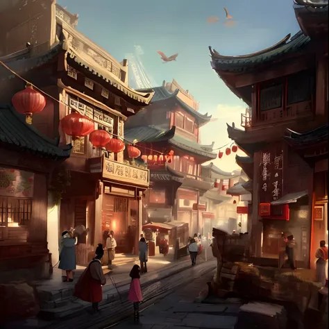 Close-up of people walking on the street, dreamy Chinese towns, Beautiful rendering of the Tang Dynasty, ross tran. scenery background, by Yang J, Inspired by Fenghua Zhong, author：Qu Leilei, Chinese village, author：Zou Yigui, cgsociety and fenghua zhong, ...