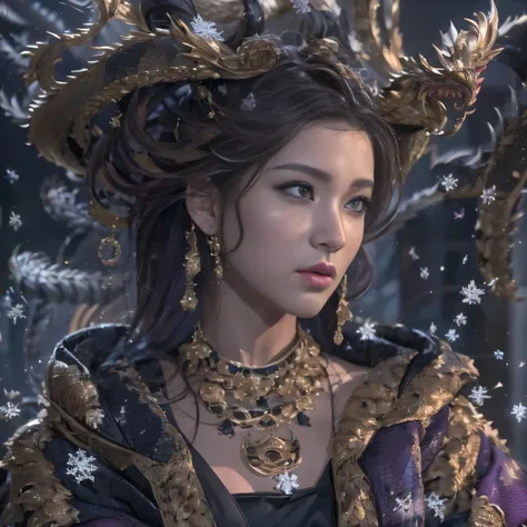 32K,（tmasterpiece，k hd，hyper HD，16k）short detailed hair，Vintage train sleeper area，Snow Circle Witch ，Two Golden Dragon Protectors （realisticlying：1.4），Python robe，Purple apron，Snowflakes fluttering，The background is pure， A high resolution， the detail， RA...