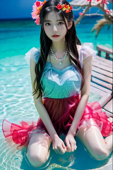 Charming loli girl wearing transparent red tulle pearl necklace in the ocean,Holding a man, Guviz-style artwork, colorfull digital fantasy art, closeup fantasy with water magic, fantasy beautiful, Beautiful digital artwork, queen of the sea mu yanling, Fan...