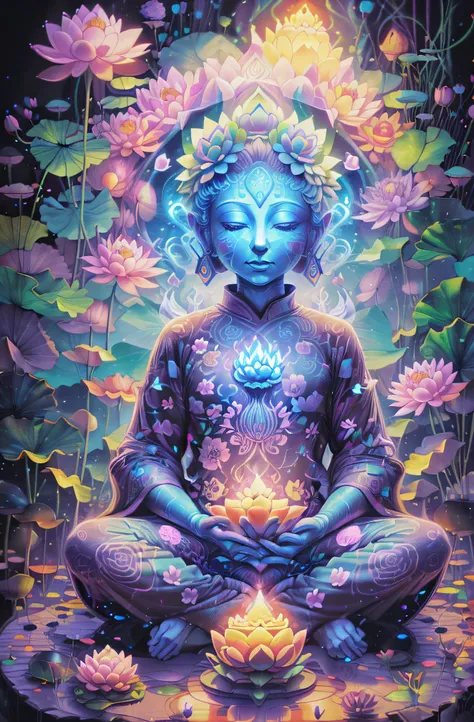 There is a lotus flower glowing in the dark, a glowing flower, a glowing flower, a Buddha sitting on a lotus flower, a magical colorful flower, a surreal flower of a waiko, a glowing neon flower, a glowing delicate flower