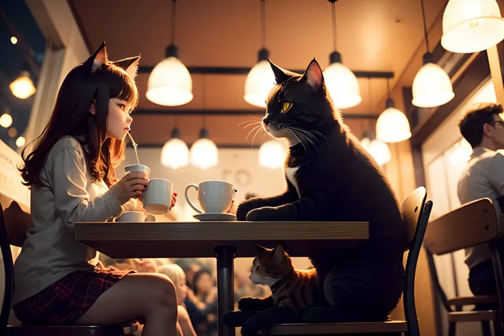 2 cute cat seating and drinking coffee in cafe, nighttime, crowded cafe with cats, crowd cats in background, blur background, bokeh