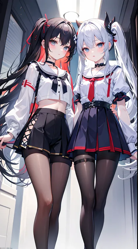 ,twins, masterpiece,best quality,official art,extremely detailed CG unity 8k wallpaper, 2girls, adorable girl, yuri, hair ornament, short shorts, crop top, pantyhose, ribbon_choker, leg belt,