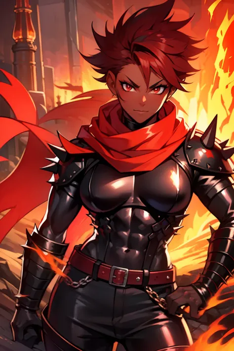 black skin, short spiky red hair,  dragon orange eyes, muscular, woman, dragon scales, scarf, leather armor