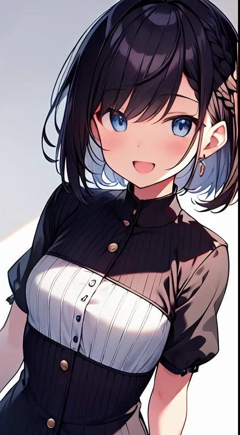 masutepiece, Best Quality,Illustration, Wallpaper, Ultra Detail, 1girl in,Solo,Beautiful detailed eyes,Very thick contour lines、Medium Short-Cut Hair、Short, Braided hair、(student clothes)、Dark hair color、Open mouth and big smile、Kamimei、Angle from which yo...