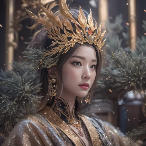 32k（tmasterpiece，k hd，hyper HD，32k）short detailed hair，Gold jewelry area in the back room，Flame Girl ，Yao Lang protector （realisticlying：1.4），Python pattern robe，Purple-pink tiara，Snowflakes fluttering，The background is pure，Hold your head high，Be proud，Th...