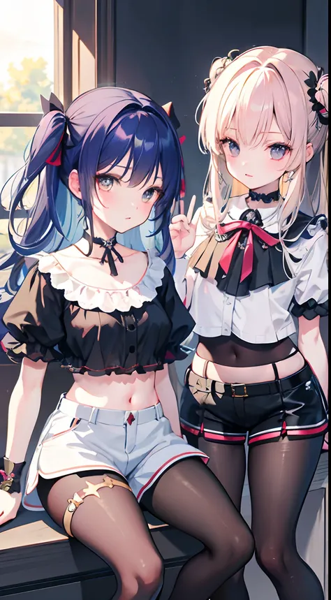 ,twins, Masterpiece,Best quality,offcial art,Extremely detailed Cg Unity 8K wallpaper, 2girls, cute female child, Yuri, hair adornments, Short shorts, Crop top, Pantyhose, ribbon_choker necklace, leg belt,