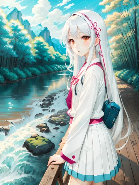 style of anime，Kizi，校服，stooped，long whitr hair，Beautiful lines，white color hair，Dull hair，River side