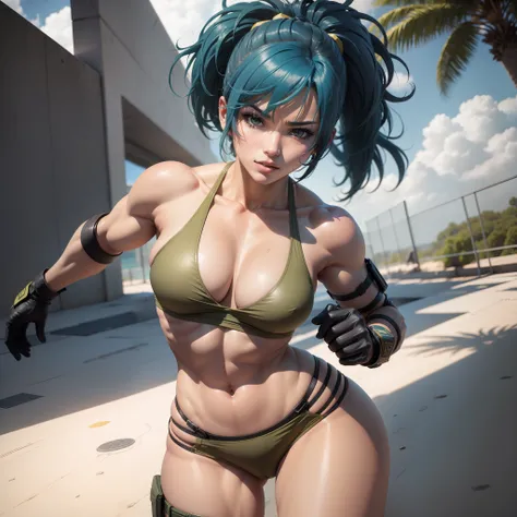 Leona heidern, saindo de uma piscina, ensolarado, corpo molhado, usando micro bikini branco, anime dash