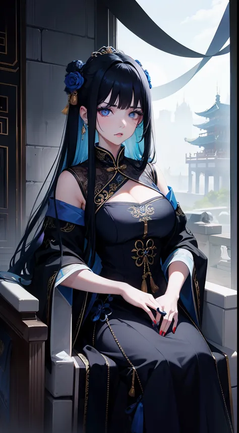 Adult woman, cabellos largos dorados, The eyes are blue, Black Chinese dress, scowling, blue lipstick, Masterpiece, hiquality，1girl，rola