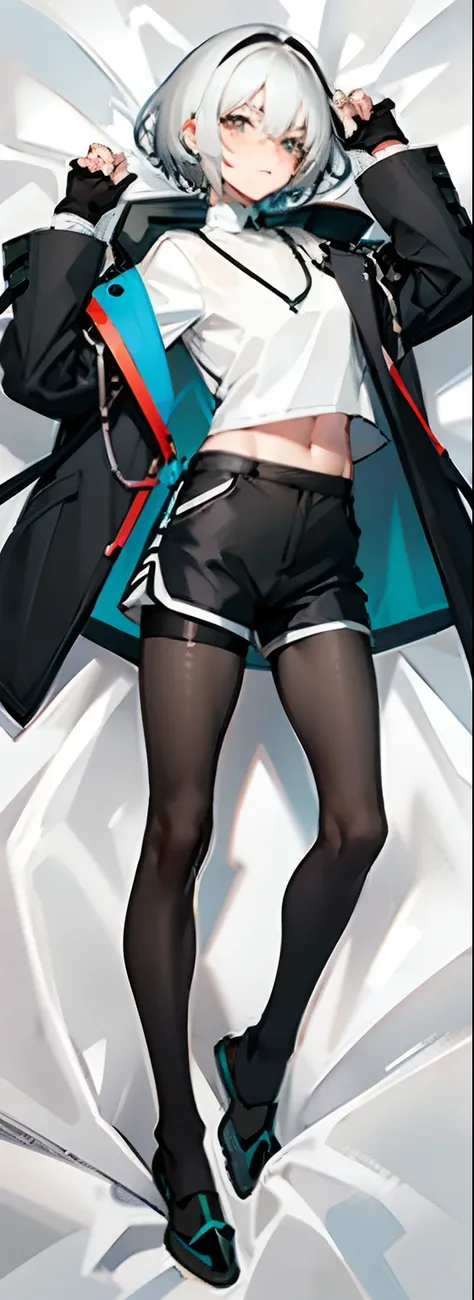 Masterpiece, Best quality,dakimakura, Solo,Boy, Pantyhose, White hair,Short hair, (White shirt:1.4),(Black shorts:1.5), blackfootwear, full bodyesbian, Black pantyhose, shirt, Shorts, Coat, Open coat, view the viewer, Hood, Sneakers, Open clothes, Black co...