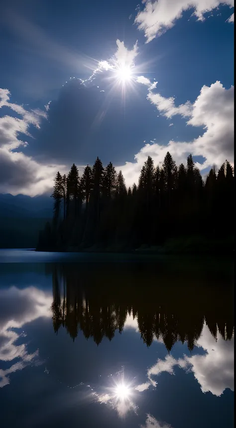 the wallpaper， 夏天， lake， zori， ln the forest， Detailed forest， Clouds， tmasterpiece， cinematic ligh， softlighting， depth of fields， Ray traching， reflection in water， hentail realism， Ulla detailed，das boot，