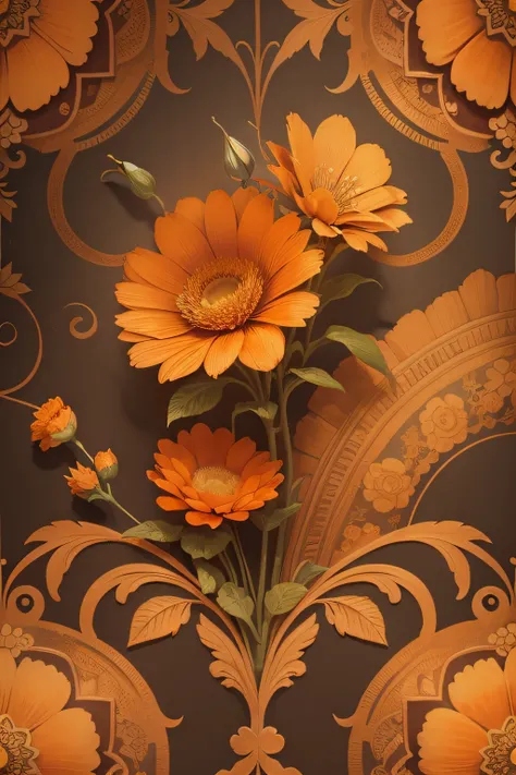 Victorian wallpaper seamless pattern of hyper-realistic oranges and flowers baroque fantasy steampunk paper concrete background