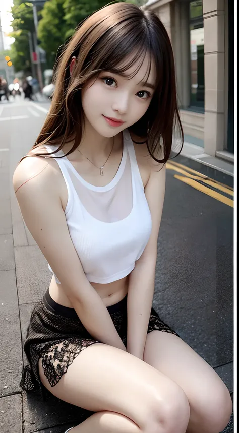 top-quality、超A high resolution、(Photorealsitic:1.4)、(ulzzang-6500:0.4)、Beautie、Korean Idols、18year old、length hair、light brown hair、Clean and wavy hairstyle、small tits、Very small breasts、Realistic eyes, slender narrow eyes、Beautiful eyes、A smile、croptop、Ta...