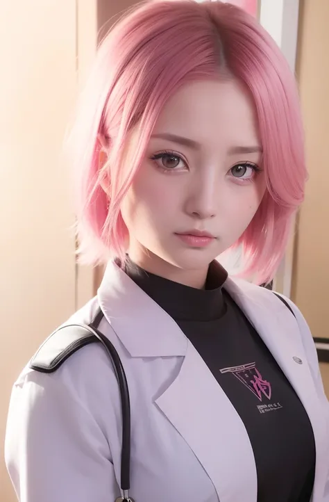 Sakura uchiha. A woman doctor was in the room. He was wearing a black shirt and a doctors white vest. She had short, fluffy pink hair. His skin is so white. And her cheeks are blushing red. He looked at his opponent with a look of shame. She looks so beaut...